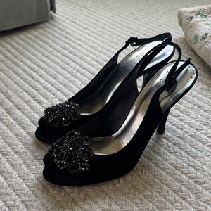 Stuart Weitzman Astrology Pumps In Black Satin With Gunmetal Beaded Flower